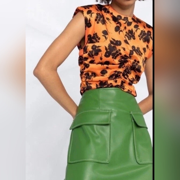 GANNI silk orange and black stretch floral print ruched size M - Picture 2 of 13